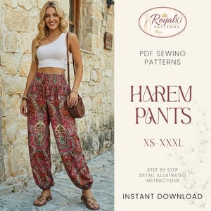 Op de afbeelding: Harembroek met een rood en roze paisley patroon. De broek wordt getoond met een witte top. De afbeelding bevat ook de tekst "PDF Sewing Patterns", "Harem Pants", "XS-XXXL" en "Instant Download".