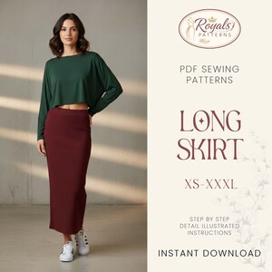 May include: A woman wearing a dark green long-sleeve crop top and a burgundy long skirt. The image includes text that reads "Royals PATTERNS PDF SEWING PATTERNS LONG SKIRT XS-XXXL INSTANT DOWNLOAD".