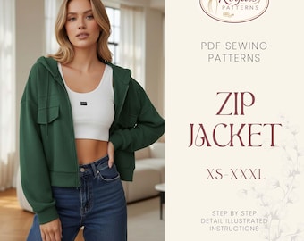 Zip Up Hoodie Sewing Pattern | Sewing Patterns | Women Patterns | Hoodie Sewing Pattern | Jacket Pattern | Crop Hoodie | Zip Jacket Hoodie
