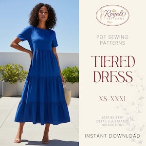 May include: A bright blue tiered dress with short sleeves, worn by a woman. The dress features a layered skirt. Text on the image reads "Royals Patterns" and "Tiered Dress XS-XXXL". It is a PDF sewing pattern.