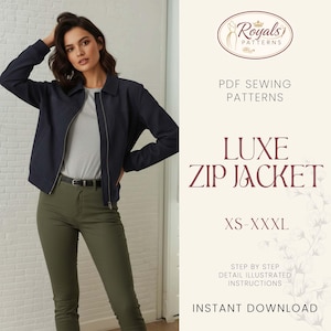 Könnte beinhalten: Eine marineblaue Reißverschlussjacke mit Kragen, getragen mit einem grauen Hemd und olivgrünen Hosen. Das Bild enthält auch den Text "Royals Patterns", "Luxe Zip Jacket" und "XS-XXXL".
