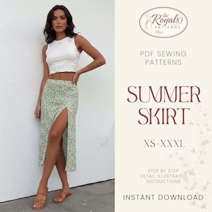 May include: A woman in a white crop top and a light green floral skirt with a high slit. The image includes text: "SUMMER SKIRT" and "XS-XXXL". The image is a PDF sewing pattern with illustrated instructions.