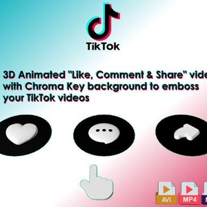 Puede incluir: Gráfico promocional para videos de TikTok, con el logo y texto de TikTok. Incluye iconos 3D animados "Me gusta, Comentar y Compartir", un dedo señalando e iconos de tipo de archivo. El fondo cambia de azul a rosa.