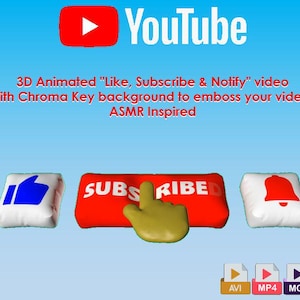 Puede incluir: Gráfico digital con el logotipo de YouTube y la palabra "YouTube" en blanco. La imagen incluye un botón "Suscribirse", un icono de pulgar hacia arriba y un icono de campana de notificación. El texto dice "Vídeo 3D animado 'Like, Subscribe & Notify'".