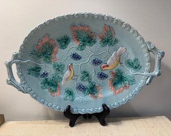 Old European Majolica Double Handled Platter: Embossed Birds and Grapes