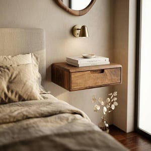 Puede incluir: Una mesita de noche flotante de madera con un caj&oacute;n y un tirador empotrado. Dos libros apilados titulados Kinfolk y Cereal est&aacute;n colocados encima. La madera presenta un patr&oacute;n de veta natural y un acabado en color marr&oacute;n c&aacute;lido.