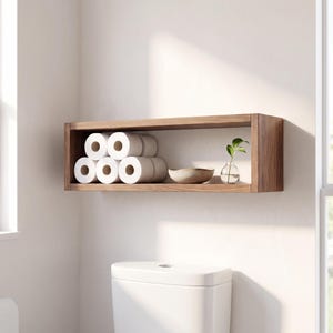 May include: A rectangular, open-front wooden wall shelf with a natural grain finish. The shelf holds five white toilet paper rolls stacked in a pyramid formation, a small beige ceramic bowl, and a clear glass bud vase with a single green leaf.