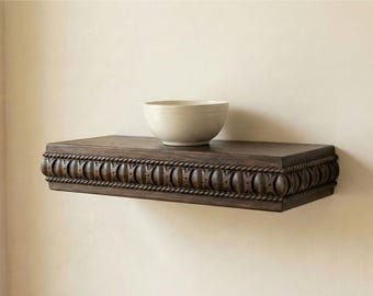 Hand Carved Solid Wood Floating Shelf – Dark Walnut Wall Shelf, Ornate Classic Mantel & Entryway Shelf, Custom Size