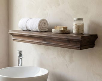 Solid Wood Fireplace Mantel Shelf – Thick Rustic Floating Shelf, Custom Length, Heavy Duty French Cleat Mount, Bathroom Shelf