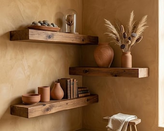 Juego de 3 estantes flotantes rústicos, estante de pared de madera reciclada, estantes de cocina robustos estilo granja.