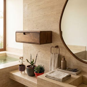 Puede incluir: Un caj&oacute;n flotante de madera oscura montado en la pared con un tirador empotrado. El caj&oacute;n se sit&uacute;a sobre un mueble de ba&ntilde;o de piedra con tres plantas en macetas, un toallero de aro met&aacute;lico, un dispensador de jab&oacute;n y una toalla beige doblada.
