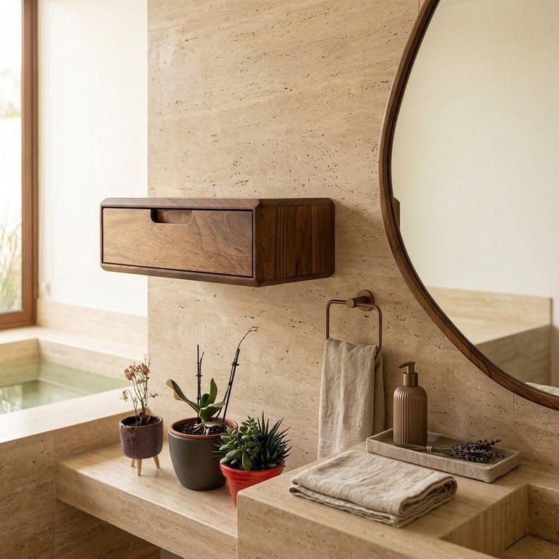 Puede incluir: Un caj&oacute;n flotante de madera oscura montado en la pared con un tirador empotrado. El caj&oacute;n se sit&uacute;a sobre un mueble de ba&ntilde;o de piedra con tres plantas en macetas, un toallero de aro met&aacute;lico, un dispensador de jab&oacute;n y una toalla beige doblada.