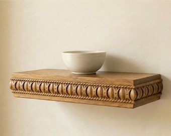 Oak Floating Shelf – Solid Wood Wall Shelf, Classic Ornate Design for Fireplace, Entryway & Living Room, Rustic Farmhouse Floating Storage