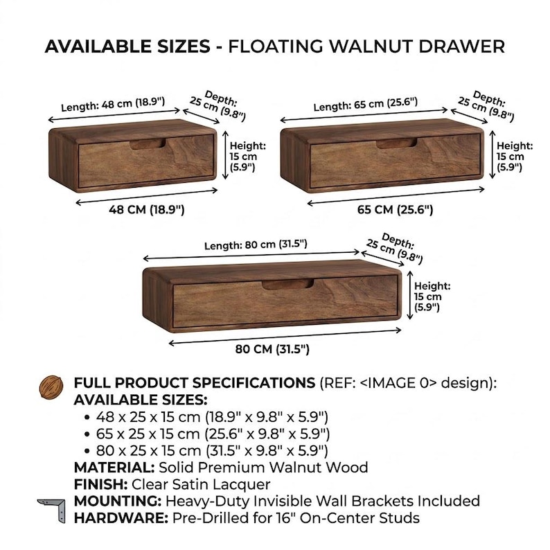 Puede incluir: Tres cajones flotantes de madera de nogal con tiradores integrados. Tama&ntilde;os: 48 x 25 x 15 cm, 65 x 25 x 15 cm y 80 x 25 x 15 cm. Fabricados en madera maciza de nogal con acabado de laca satinada transparente y soportes de pared invisibles.