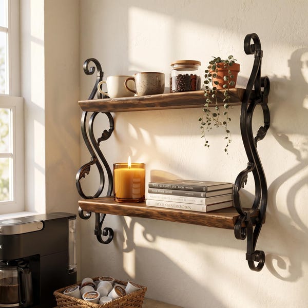 Solid Walnut & Wrought Iron Wall Shelf, Two Tier Rustic Farmhouse Display Rack