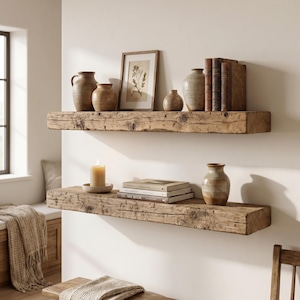 Juego de 2 estantes flotantes de madera reciclada, estantes de pared rústicos de madera maciza, tamaño personalizado.