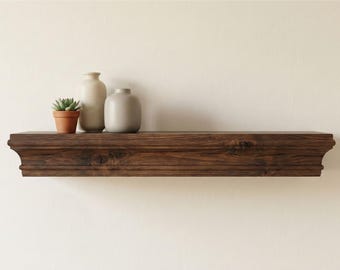 Hand Carved Solid Wood Floating Shelf – Dark Walnut Mantel Shelf, Luxury Wall Shelf for Fireplace, Entryway or Living Room