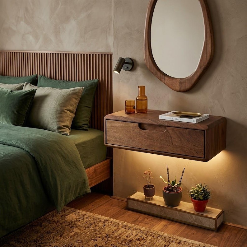 Puede incluir: Una mesita de noche flotante de madera con un caj&oacute;n, montada en la pared bajo un espejo ovalado. La mesita cuenta con iluminaci&oacute;n integrada, una jarra de cristal, un vaso y un libro. Tres peque&ntilde;as plantas en maceta se sit&uacute;an en la parte inferior.