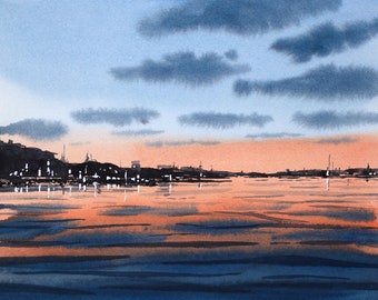 Sunset harbor watercolor landscape