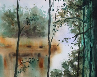 Watercolor river and trees