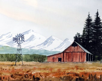 Farm Winter mountains watercolor landscape