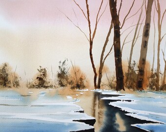 Farm Winter Creek watercolor landscape