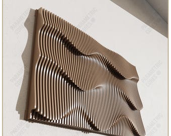 May include: A wooden wall art piece with a layered, wave-like design. The artwork is made of vertical wooden slats, creating a textured, three-dimensional effect. The piece is mounted on a white wall. The text "DIGITAL FILE ONLY" and "DWG, DXF, SVG, PDF" are visible.