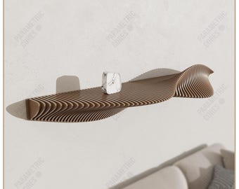 May include: A brown, wave-shaped wall shelf with a layered design. A small, square clock sits on the shelf. The text "DIGITAL FILE ONLY" and "DWG, DXF, SVG, PDF" are visible. The shelf is labeled "PARAMETRIC CORES".