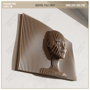 Könnte beinhalten: Braune, geschichtete Wandkunst aus Holz, die ein menschliches Profil zeigt. Das Kunstwerk besteht aus vertikalen Holzlatten, wobei der Kopf aus der Oberfläche hervortritt. Der Text auf dem Bild lautet "DIGITAL FILE ONLY" und "DWG, DXF, SVG, PDF".