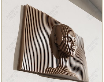 May include: A brown, layered wooden wall art piece featuring a human profile. The artwork is made of vertical wooden slats, with the head emerging from the surface. Text on the image reads "DIGITAL FILE ONLY" and "DWG, DXF, SVG, PDF".