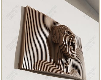 May include: A brown, layered wooden wall art piece featuring a human face emerging from a rectangular frame. The artwork is made of vertical wooden slats, creating a 3D effect. Text on the image reads "DIGITAL FILE ONLY" and "DWG, DXF, SVG, PDF".
