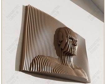 May include: A brown, layered wooden wall art piece depicting a human bust in profile. The artwork features vertical lines and the text "DIGITAL FILE ONLY" and "DWG, DXF, SVG, PDF". The piece is mounted on a white wall.