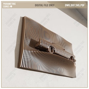 May include: A layered wooden wall art piece featuring a car design. The artwork is constructed from vertical wooden slats, creating a 3D effect. The text "DIGITAL FILE ONLY" and "DWG, DXF, SVG, PDF" are visible. The piece is mounted on a white wall.