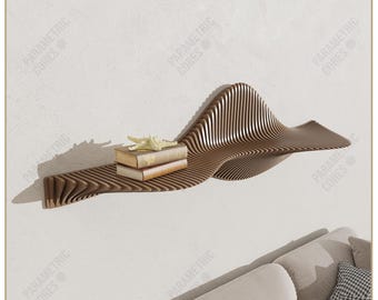 May include: A brown, wave-shaped wall shelf with vertical slats, holding two books and a starfish. The shelf is mounted on a white wall. The text "DIGITAL FILE ONLY" and "DWG, DXF, SVG, PDF" are visible.