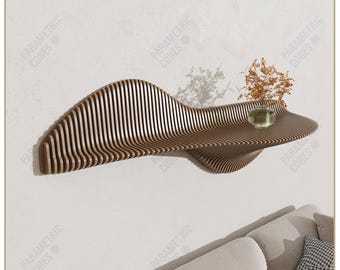 May include: A modern, wave-shaped wooden shelf with vertical slats. The shelf is mounted on a white wall and holds a small glass vase with dried flowers. The text "DIGITAL FILE ONLY" is visible.
