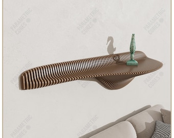 May include: A digitally designed, floating wooden shelf with a unique, wave-like design. The shelf features a series of vertical wooden slats, and a small seahorse statue. The text "DIGITAL FILE ONLY" is visible.