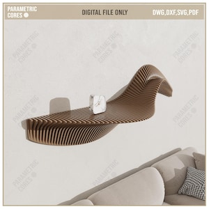 May include: A modern, wave-shaped wooden shelf with a light brown finish, mounted on a white wall. A small, square marble clock sits on the shelf. The text "DIGITAL FILE ONLY" is visible. The shelf is near a beige sofa.