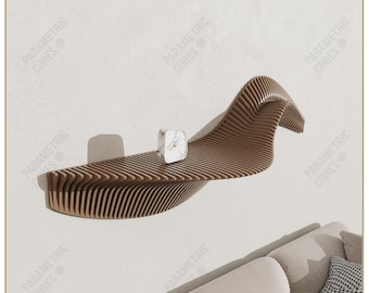 May include: A modern, wave-shaped wooden shelf with a light brown finish, mounted on a white wall. A small, square marble clock sits on the shelf. The text "DIGITAL FILE ONLY" is visible. The shelf is near a beige sofa.