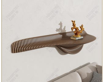 May include: A floating wooden shelf with a wavy design, featuring vertical slats and a curved edge. The shelf holds a small gold sculpture and a book. Text on the image reads "DIGITAL FILE ONLY" and "DWG, DXF, SVG, PDF".