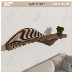 May include: A modern, wave-shaped wooden shelf with a unique design. The shelf is made of vertical wooden slats and is mounted on a white wall. A small potted plant sits on the shelf. The text "DIGITAL FILE ONLY" is visible.