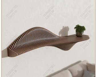May include: A modern, wave-shaped wooden shelf with a unique design. The shelf is made of vertical wooden slats and is mounted on a white wall. A small potted plant sits on the shelf. The text "DIGITAL FILE ONLY" is visible.