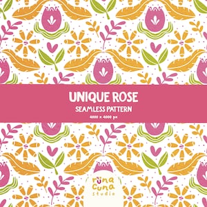 以下が含まれることがあります： オレンジ、ピンク、緑、白の色合いで、様式化された花、葉、ハートを特徴とするシームレスパターン。デザインには、ピンクのバナーに「UNIQUE ROSE SEAMLESS PATTERN」というテキストが含まれています。Runa Cuna Studioによるデザインです。
