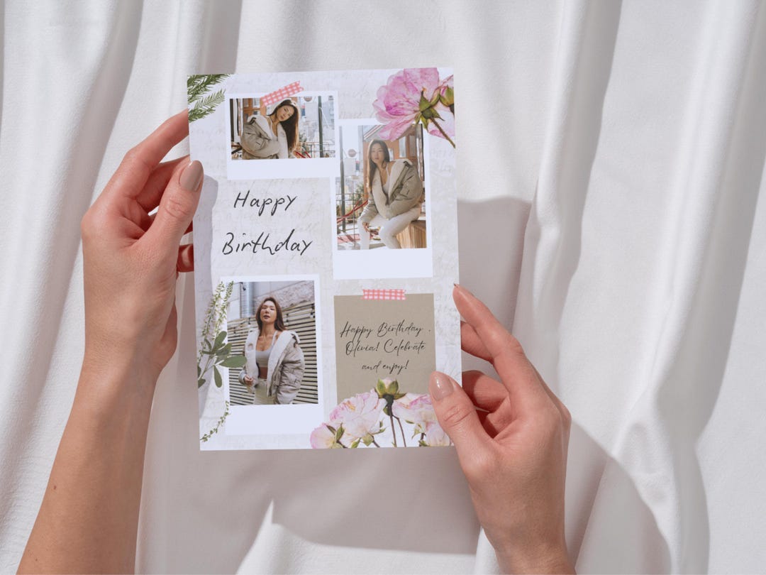 Editable Birthday Card Template, Floral Photo Collage Greeting (digital