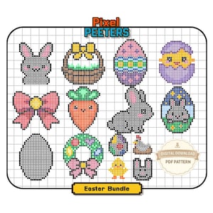 May include: A digital cross-stitch pattern sheet titled Pixel Peeters Easter Bundle featuring pixel art designs of gray rabbits, a basket, decorated eggs, a chick hatching, a pink bow, a carrot, a wreath, and a small chick on a grid background.
