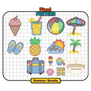 May include: A digital cross-stitch pattern sheet titled Pixel Peeters Summer Bundle featuring pixel art icons of an ice cream cone, a drink, a beach ball, a beach umbrella, flip-flops, a pineapple, sun and clouds, a palm tree, a suitcase, and treats.