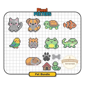 Op de afbeelding: Een digitaal PDF-patroon met gepixelde afbeeldingen van huisdieren, waaronder een kat, een hond, een schildpad, een vis, een vogel, een hamster, een kikker, een hagedis, een cavia, pootafdrukken, een bot, een huis en een slang. De tekst "Pixel Peeters" en "Pet Bundle" zijn zichtbaar.