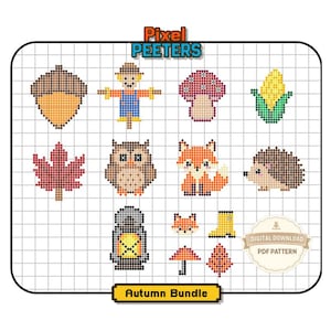 May include: A digital cross-stitch pattern sheet titled Pixel Peeters Autumn Bundle featuring pixel art icons of an acorn, scarecrow, mushroom, corn, maple leaf, owl, fox, hedgehog, lantern, fox face, yellow boot, umbrella, and leaf on a grid.