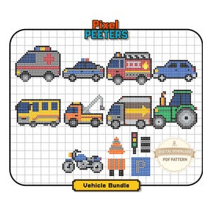 Könnte beinhalten: Ein digitales PDF-Muster mit Pixel-Art-Fahrzeugen, darunter ein Krankenwagen, ein Polizeiauto, ein Feuerwehrauto, ein Schulbus, ein Abschleppwagen, ein Sattelzug, ein Traktor, ein Motorrad und Verkehrsschilder. Das Bild hat einen Rasterhintergrund und den Text "Pixel Peeters" und "Vehicle Bundle".