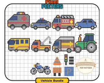 Vehicle Fuse Bead Patterns Bundle | 13 Designs (9 Large 29x29 + 4 Mini 14x14) | Digital Download Perler Beads PDF