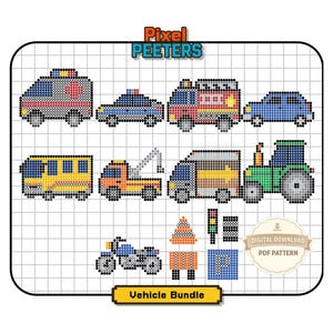 May include: A digital cross-stitch pattern titled Pixel Peeters Vehicle Bundle featuring pixel art designs of an ambulance, police car, fire truck, blue car, yellow bus, tow truck, delivery truck, tractor, motorcycle, traffic cone, and road signs.